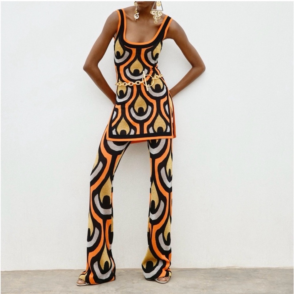 Rabanne x H&M Orange, Black & Cream Patterned Metallic Knit Mini Dress and Pants